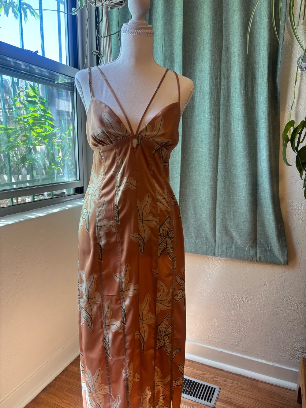 Rust Floral Slip Dress with Cream Lily Print